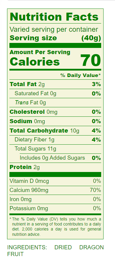 Dried Yellow Dragon Fruit (Pitaya)- No Sugar Added