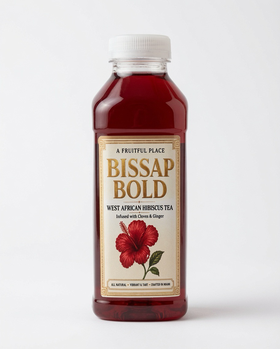 Bissap Bold West African hibiscus tea bottle made with hibiscus, cloves, cinnamon, ginger and honey