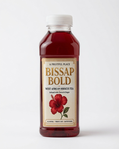 Bissap Bold West African hibiscus tea bottle made with hibiscus, cloves, cinnamon, ginger and honey