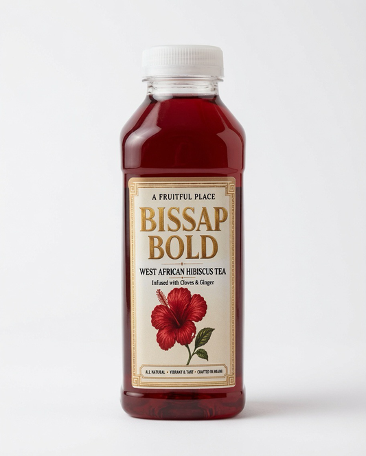 Bissap Bold West African hibiscus tea bottle made with hibiscus, cloves, cinnamon, ginger and honey