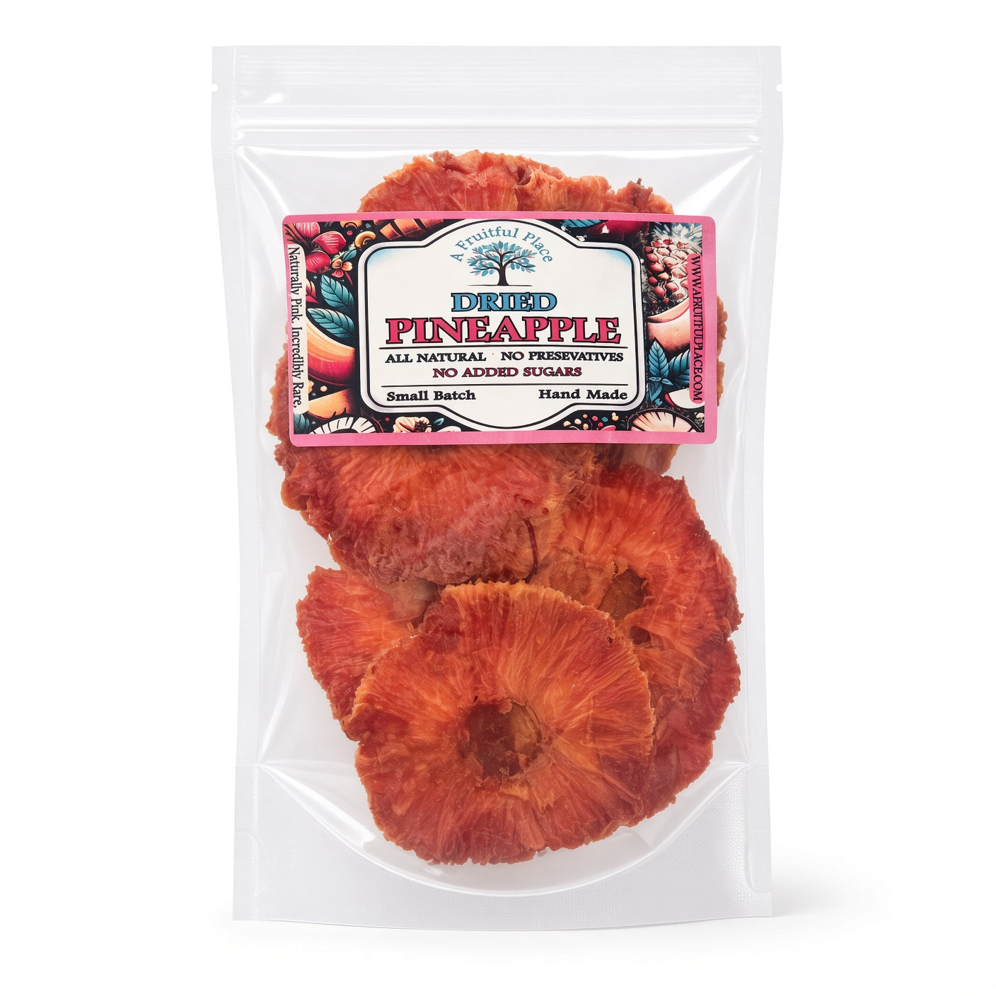 A Fruitful Place dried pink pineapple in clear resealable bag