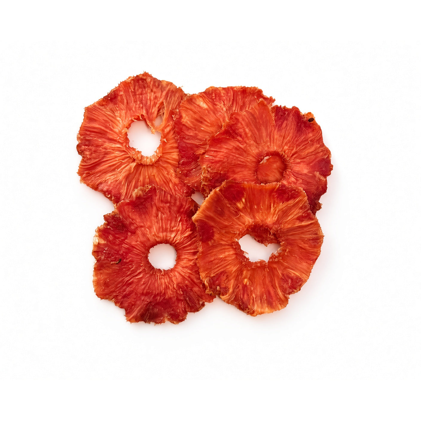 A Fruitful Place dried pink pineapple rings on white background